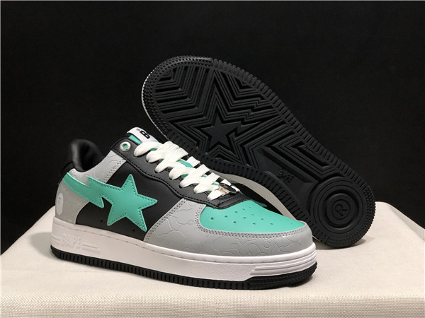 Men's Bape Sta Low Top Leather Grey/Black/Green Shoes 0024